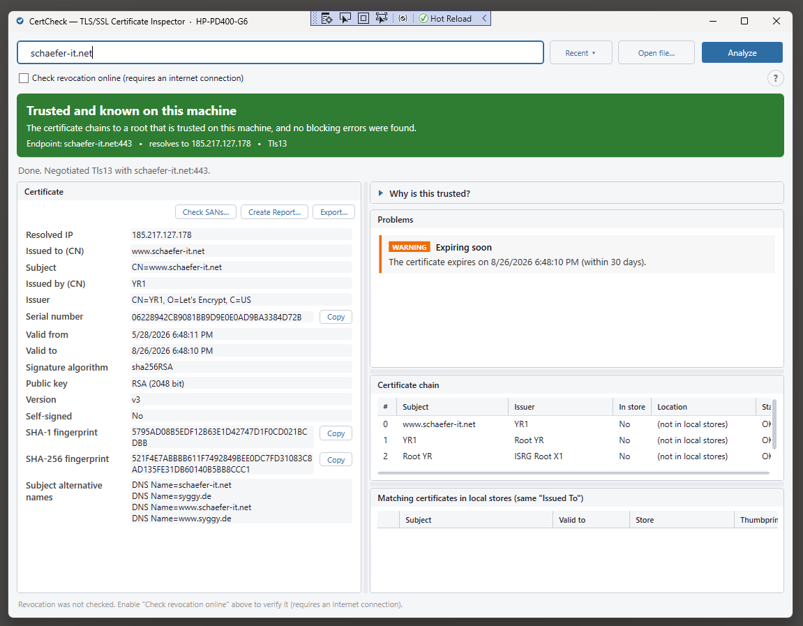 CertCheck inspecting a certificate: a green 'Trusted and known on this machine' verdict, certificate properties, chain, and local-store comparison.