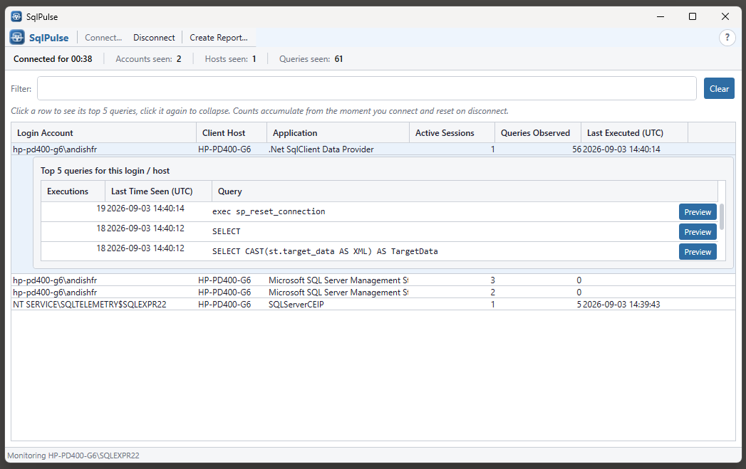 SqlPulse showing live sessions grouped by login, host and application, with a top-5 query breakdown expanded.